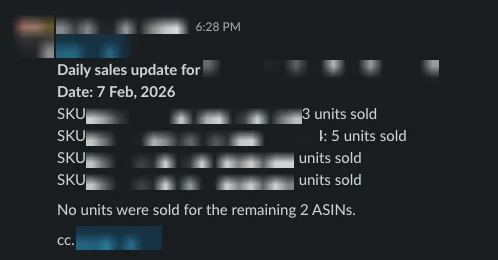 Daily sales update posted in the client's Slack channel