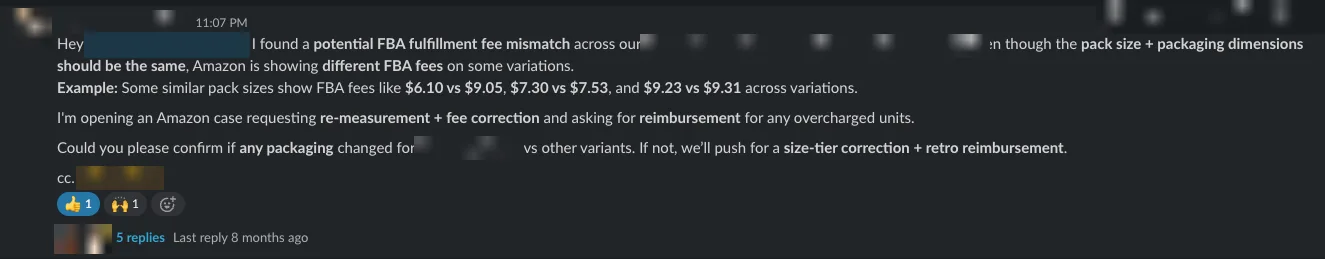 FBA fee mismatch flagged to the client in Slack