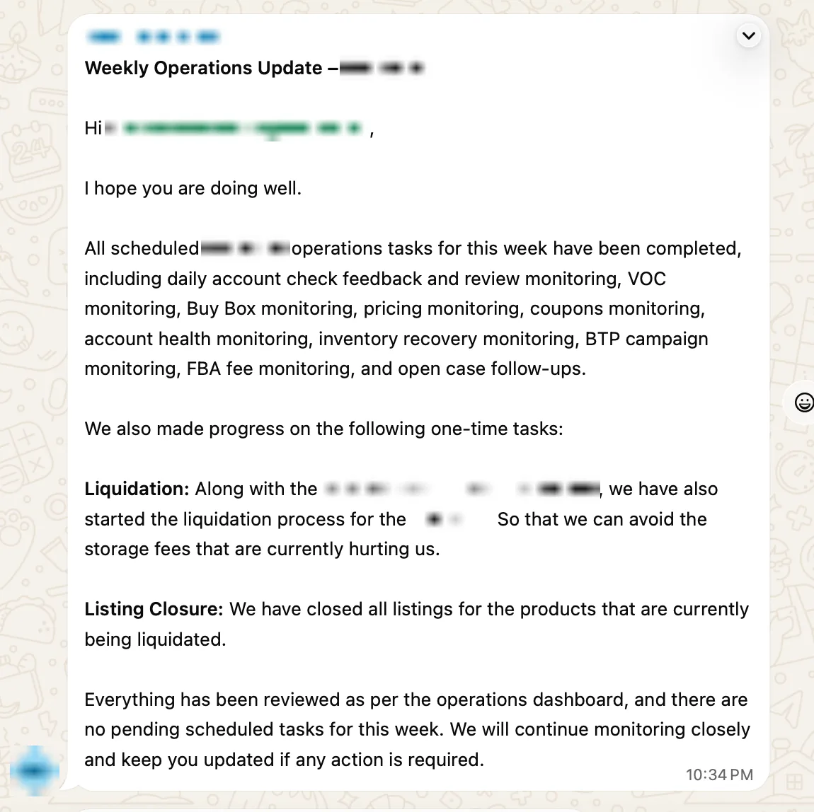 Weekly operations update sent to a client on WhatsApp