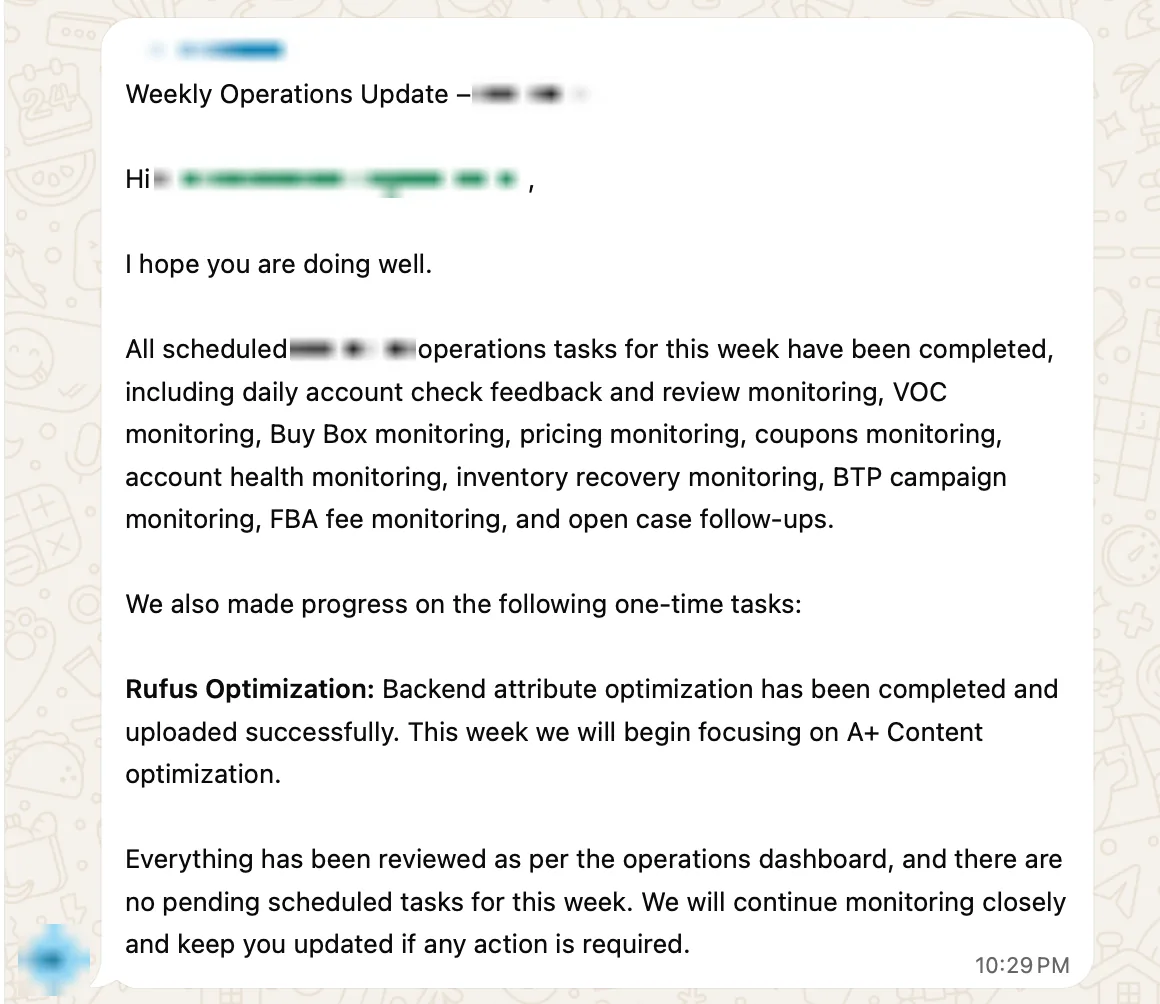 Weekly operations update sent to a client on WhatsApp